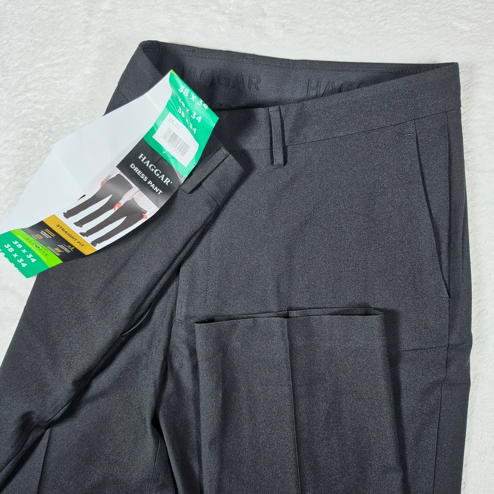 NEW Haggar Straight Fit Mens 38x34 Black Stretch Wrinkle Resistant 1901121 Pant
